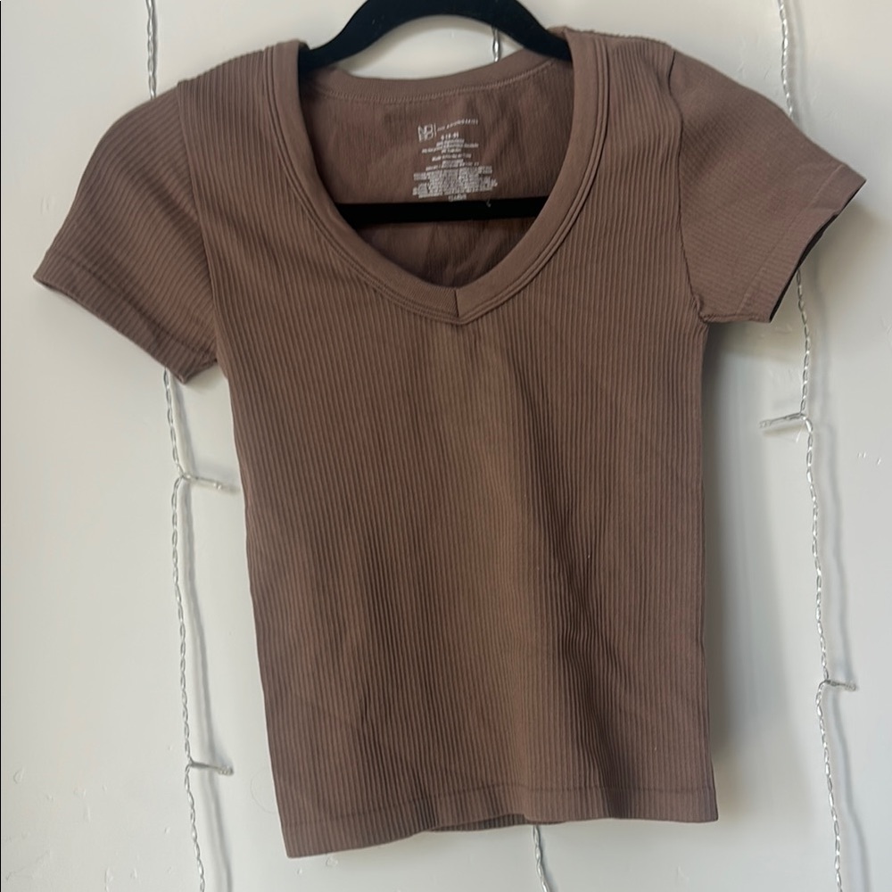 Brown Ribbed V-Neck Top